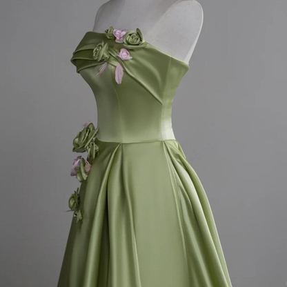 Elegant Green Satin Party Dress With Flowers, Green Long Prom Dress  cc1442