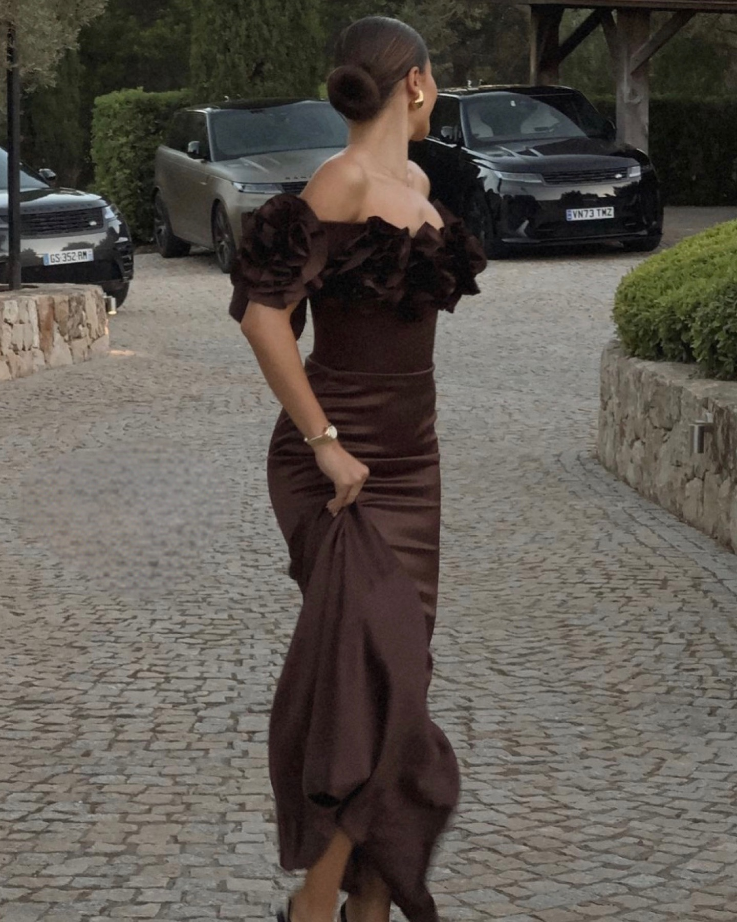 Fashion Brown Off The Shoulder Pleated Flowers Evening Dress Mermaid Prom Party Dress cc1566