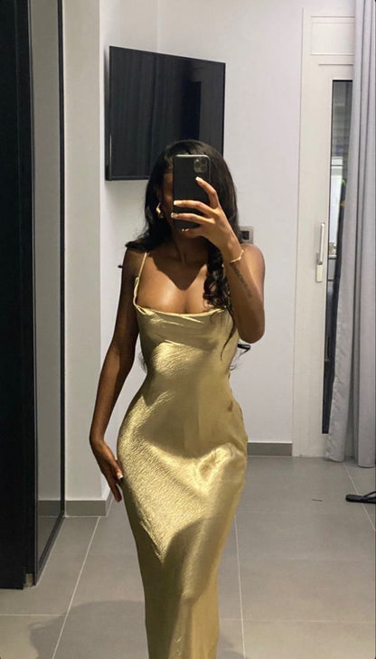 Mermaid Spaghetti Straps Long Prom Dress Gold Charming Evening Dress Black Girls Prom Dress cc401