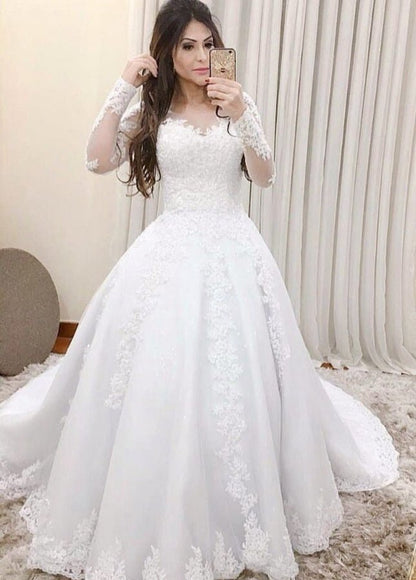 Appliques Lace Long Sleeves A-Line Sweetheart Wedding Dresses
