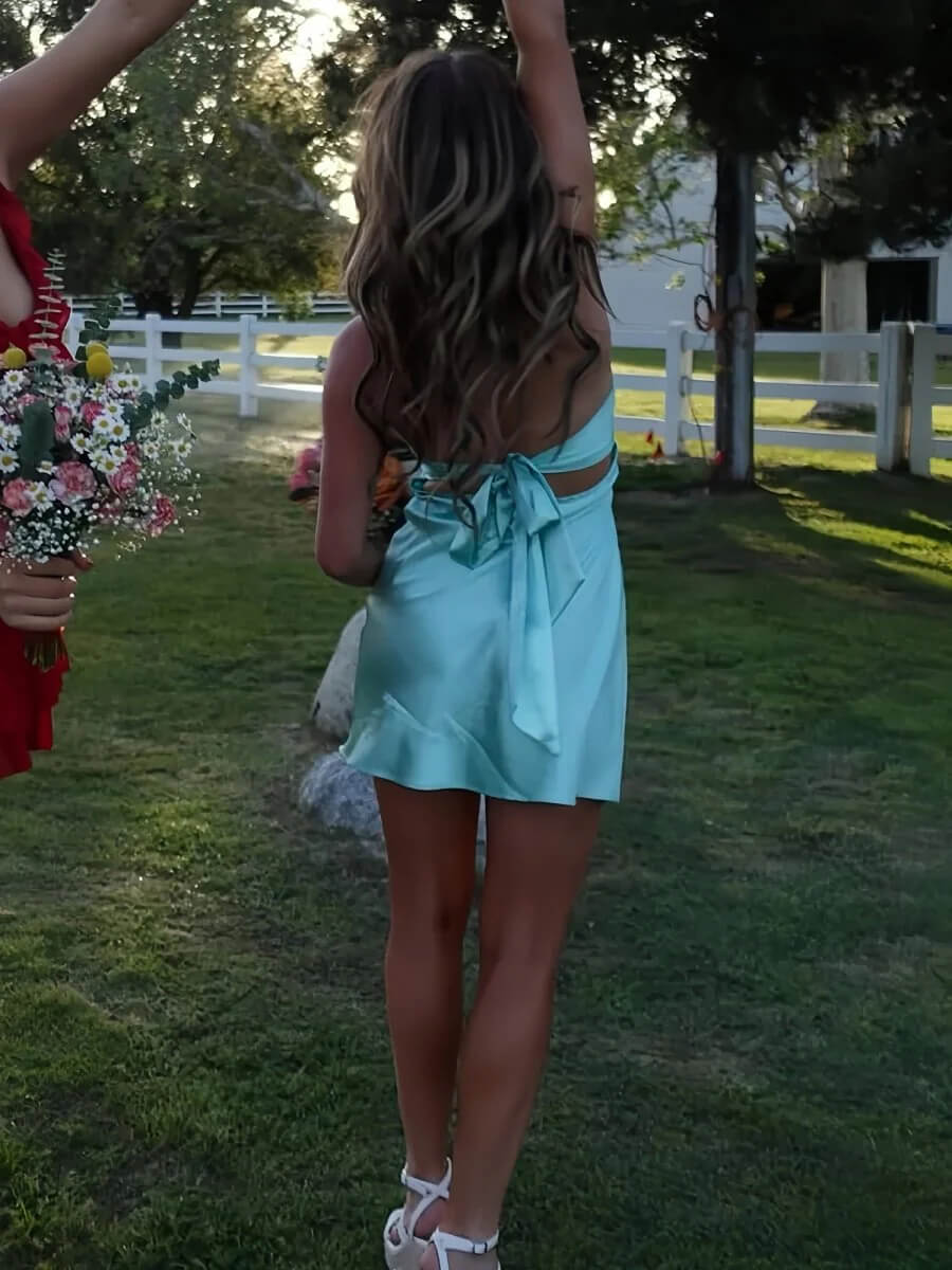 Aqua Short Homecoming Dress With Keyhole Prom Dresses Mini
