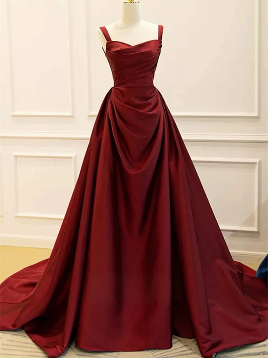 Wine Red Satin Straps Party Dress Long A line Evening Gowns Elegant