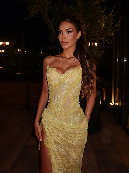 Elegant Pale Yellow Mermaid Strapless High-Slit Lace Long Prom Dress Evening Dress cc5116