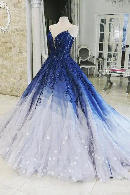 Blue Shiny Elegant V-Neck Applique Gradient Long Ball Gown Prom Dress Evening Dress Adult Ceremony Dress gh3104