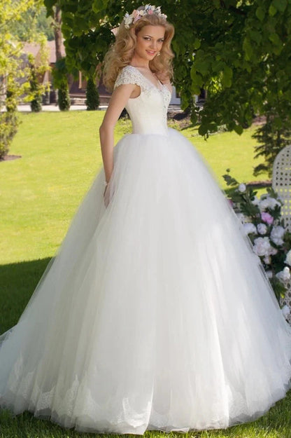Ball Gown V-Neck Ruched Cap Sleeve Tulle Wedding Dress