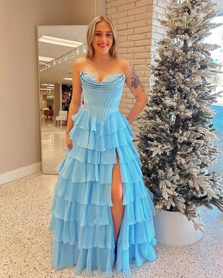 Classy Ball Gown Prom Dresses Ruffle Long Layered Birthday Outfit Graduation Dress