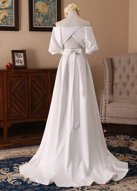Off-the-Shoulder Simple White Satin Wedding Dress with Half Sleeves