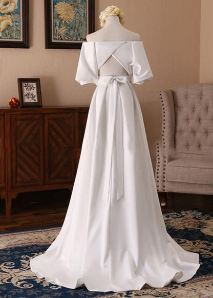 Off-the-Shoulder Simple White Satin Wedding Dress with Half Sleeves