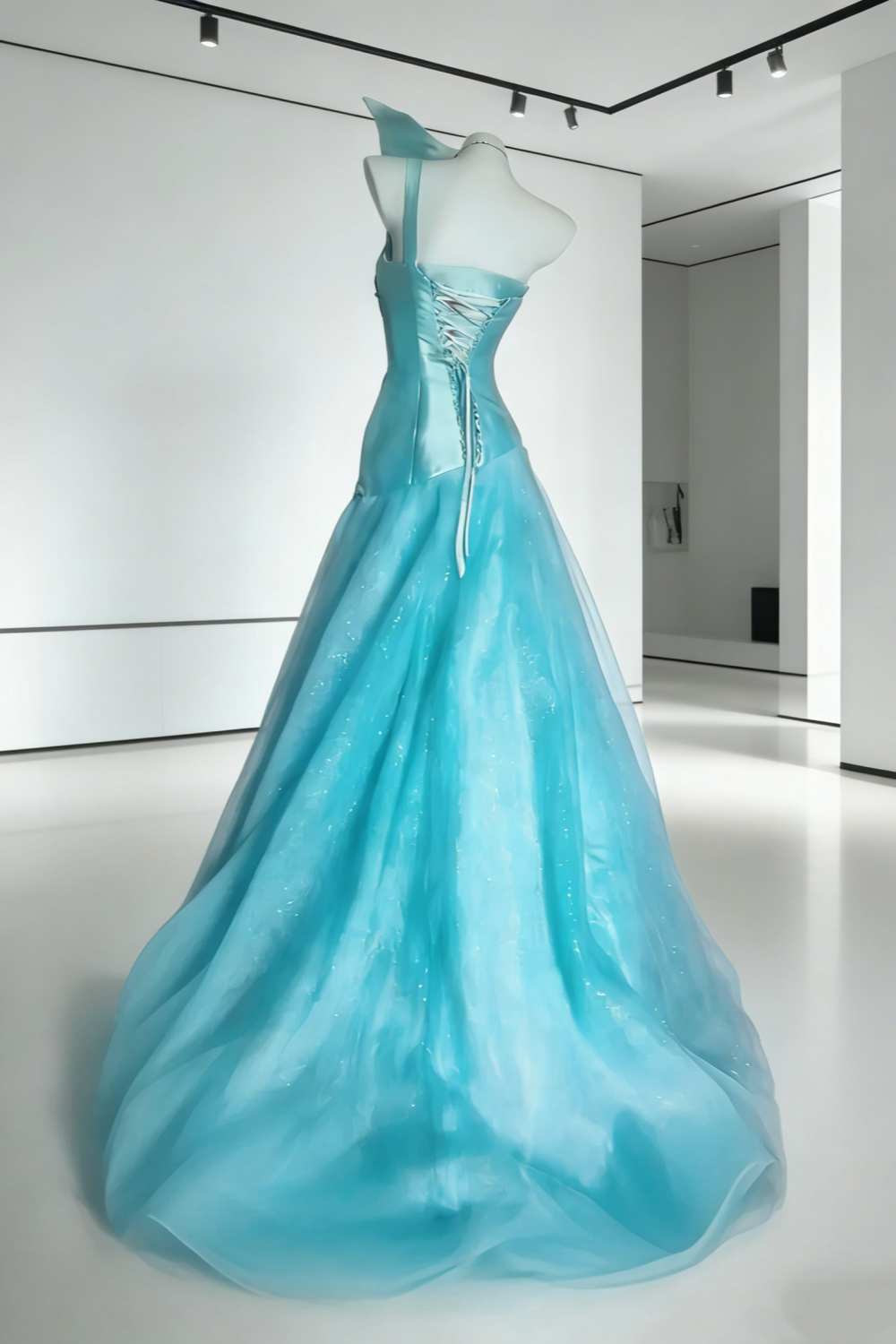 Blue One-Shoulder Beaded Gown Layered Tulle Prom Dress gh7004