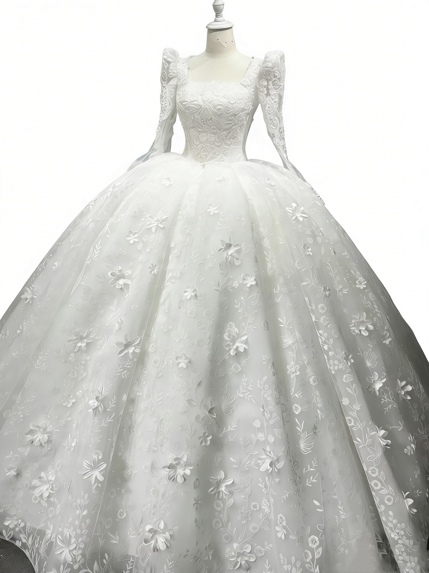 White Royal Style Puff Sleeve Ball Gown - Heavy Lace Embroidery Church Wedding Dress gh6968