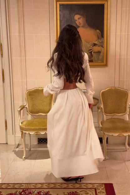 Chic Luxury Edgy Style Cutout Set Dress | White Shirt-Style Bandeau + Ballgown Maxi Skirt for Art Exhibition Gala Luxury Social Outfit gh6437
