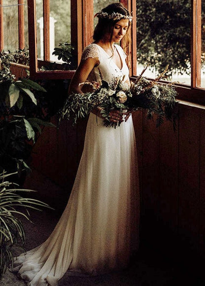 Chiffon V-Neck Short-Sleeve Wedding Dresses Cutout Back Bridal Gowns