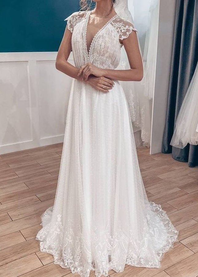 Casual A-line Backyard Tulle Long Wedding Dresses with Cap Sleeves