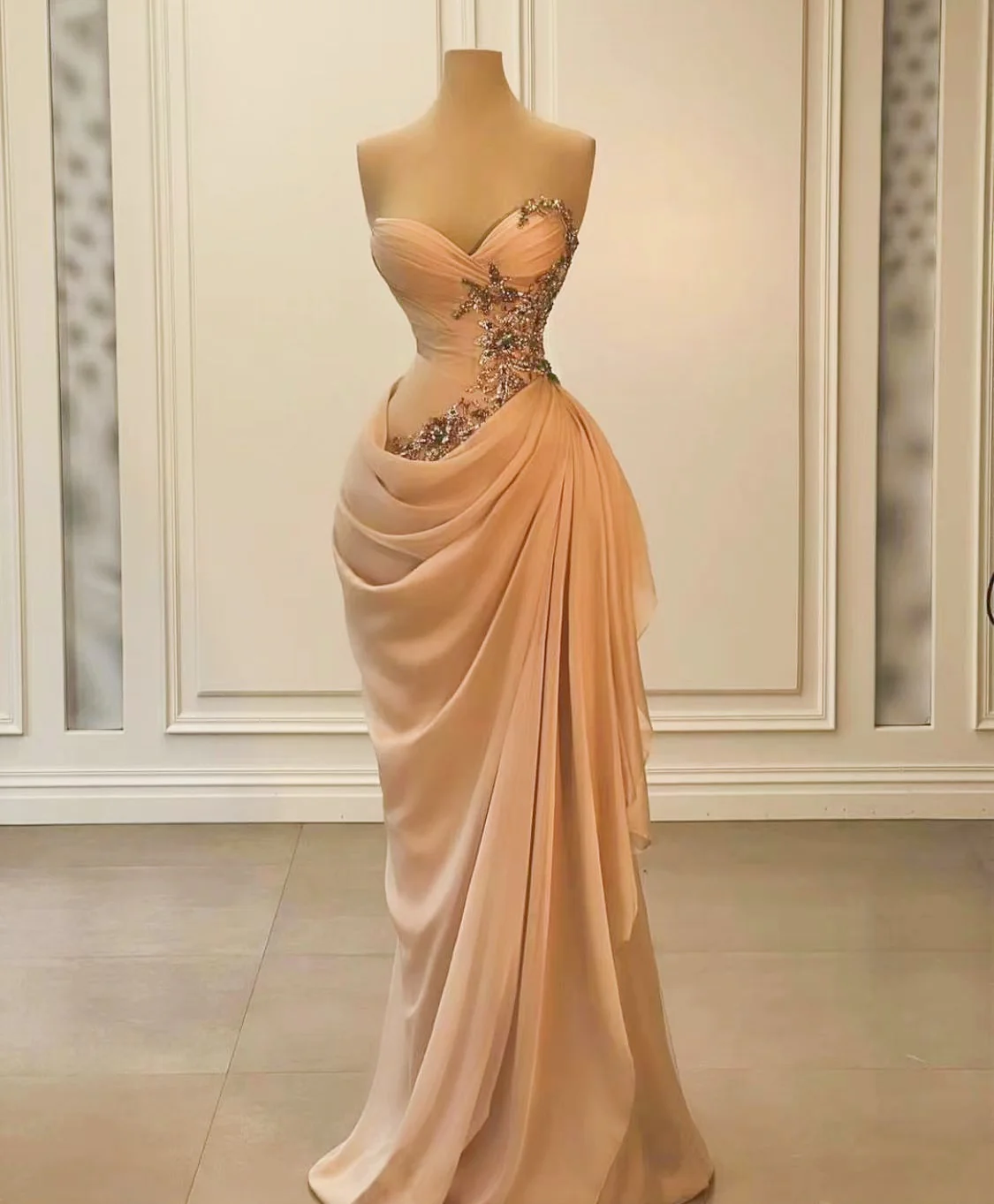 Exquisite Champagne Long Prom Outfit Ruched Mermaid Formal Dresses