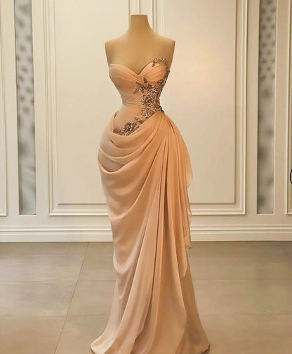 Exquisite Champagne Long Prom Outfit Ruched Mermaid Formal Dresses