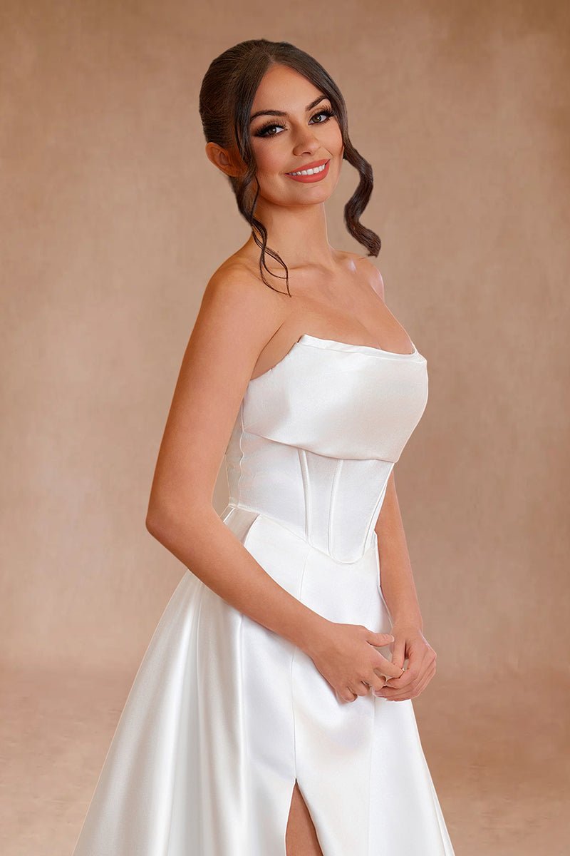 Jane | A-Line Strapless White Satin Wedding Dresses with Slit