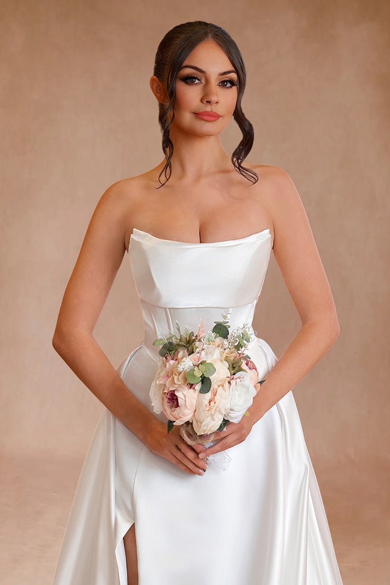 Jane | A-Line Strapless White Satin Wedding Dresses with Slit