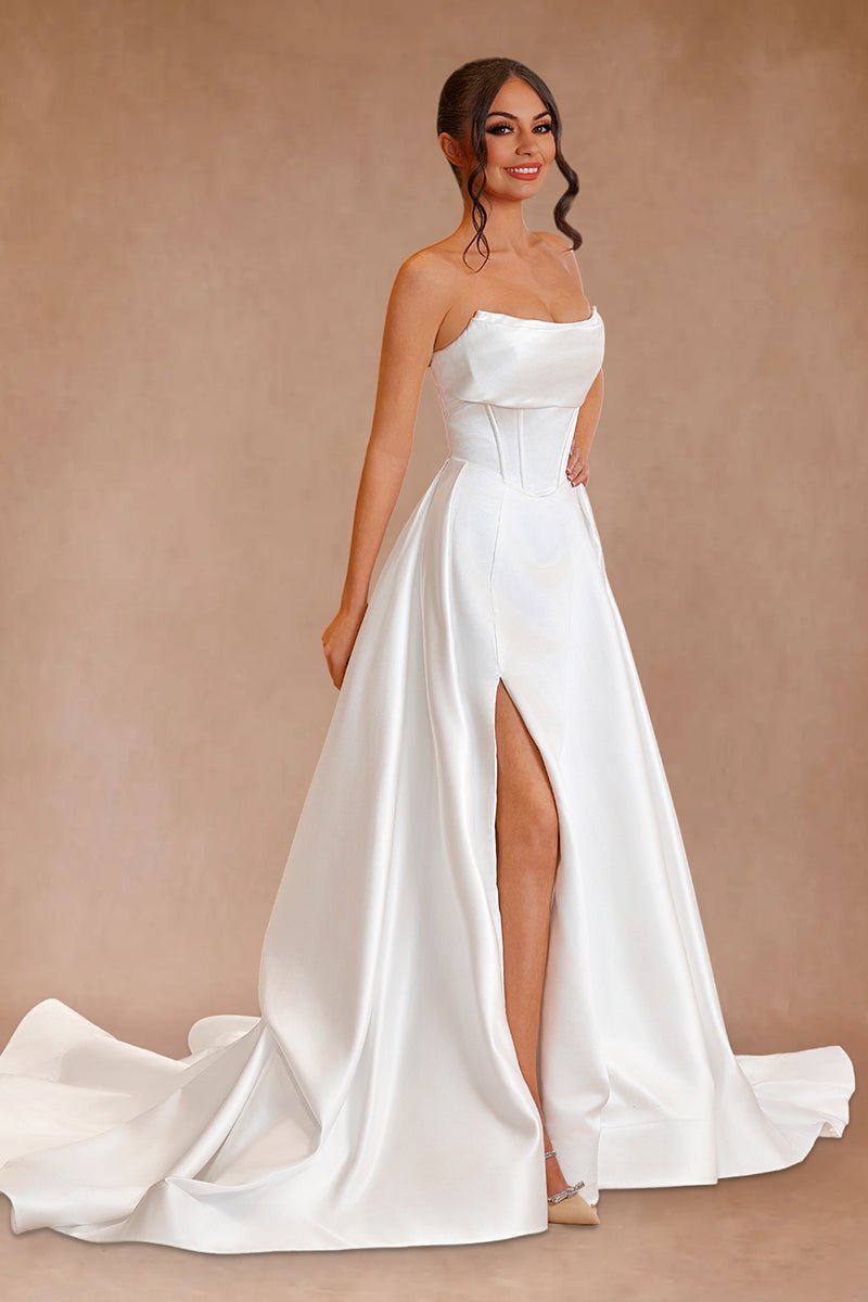 Jane | A-Line Strapless White Satin Wedding Dresses with Slit