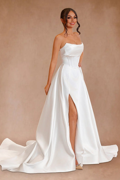 Jane | A-Line Strapless White Satin Wedding Dresses with Slit