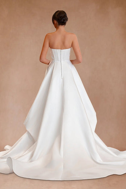 Jane | A-Line Strapless White Satin Wedding Dresses with Slit