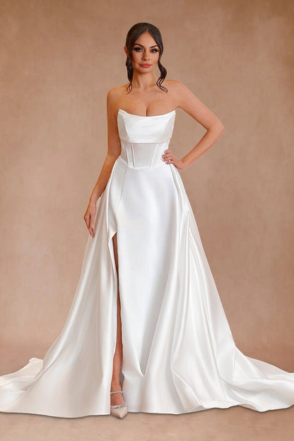 Jane | A-Line Strapless White Satin Wedding Dresses with Slit