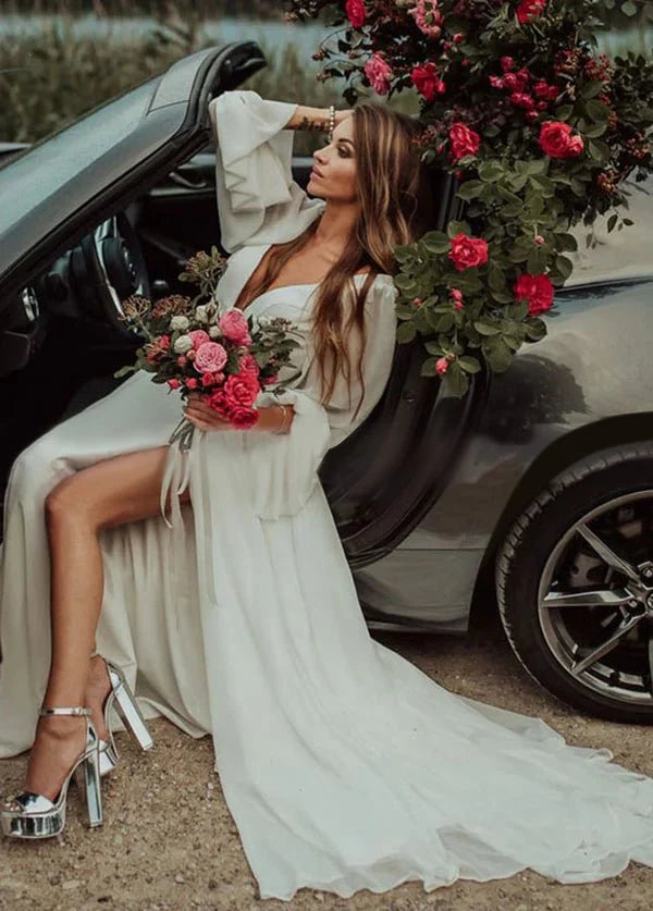 Chiffon A-Line High Slit Beach Long-Sleeve V-Neck Romantic Wedding Dresses
