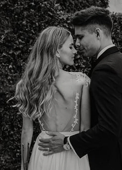 A-Line Cap Sleeve Long Backless Wedding Dresses with Appliques