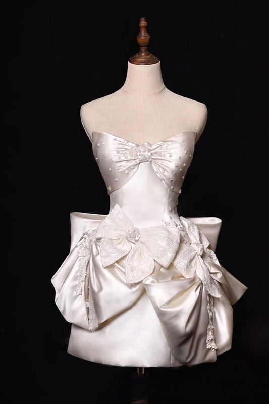 ✨Girlhomeshops🔥Ivory Beaded Elegant Short Satin Homecoming Dress PromDress Party Dress gh4982
