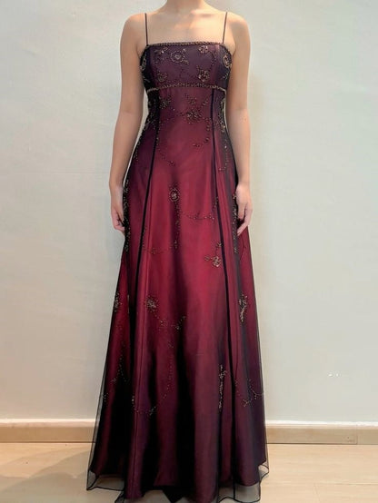 Burgundy Spaghetti Straps Exquisite Beaded Long Tulle Ball Gown Evening Dress prom dress gh3208