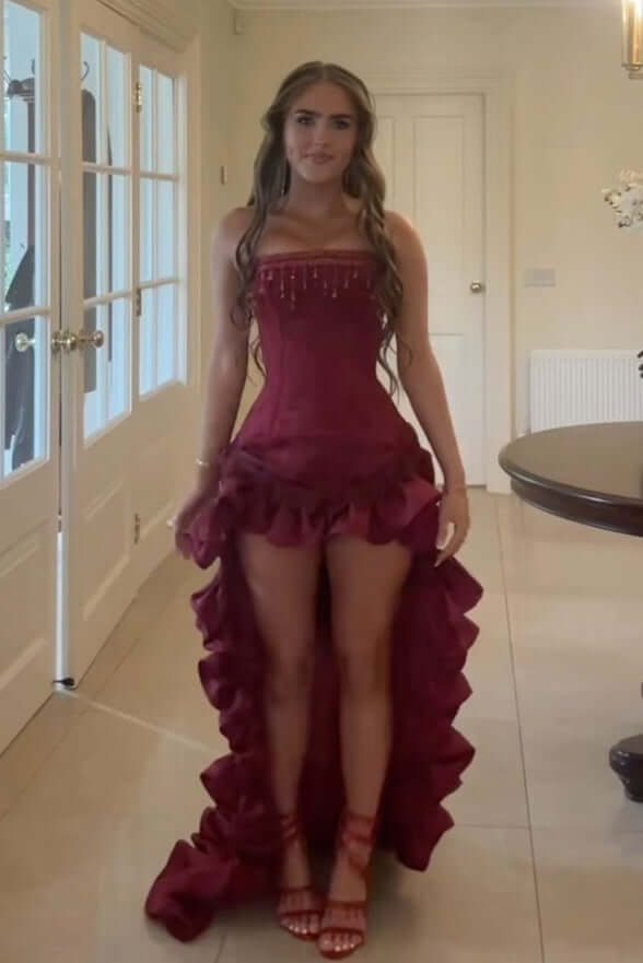 Unique High Low Strapless Burgundy Long Prom Dresses with Tassel Ruffles