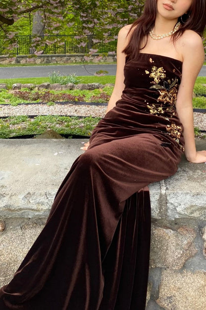 Dark Brown Velvet Gilt Bandeau Gown: Fitted Mermaid, Floral Decoration, Retro Evening Luxury Maxi Dress gh6605