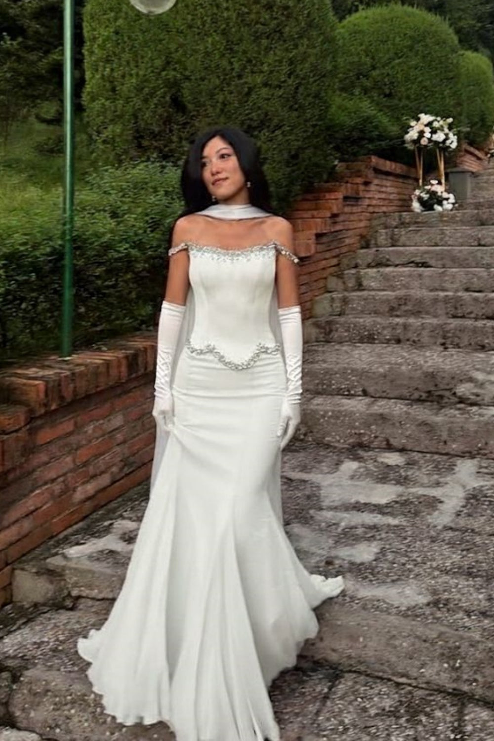 Elegant White Mermaid Gown | Off-Shoulder Rhinestone Dress, Gala Friends Gathering Fashion Outfit gh6454