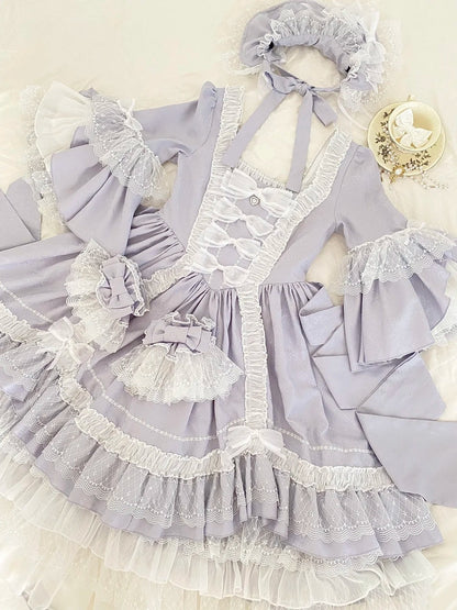 Light Purple Satin Square Neck Long Sleeve Tiered Ballgown Rococo-style Lace Bow Tea Party·Retro Party Dress gh6739