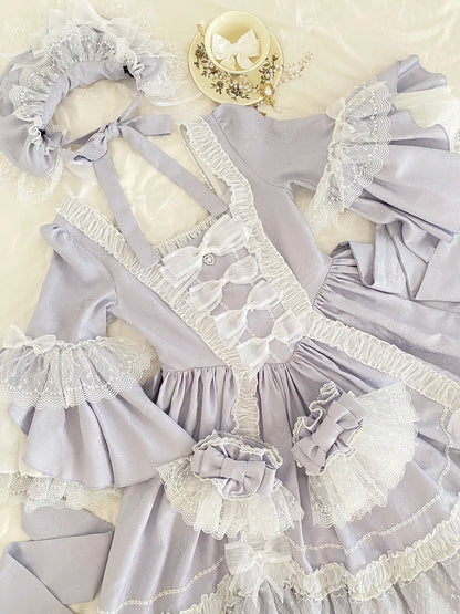 Light Purple Satin Square Neck Long Sleeve Tiered Ballgown Rococo-style Lace Bow Tea Party·Retro Party Dress gh6739