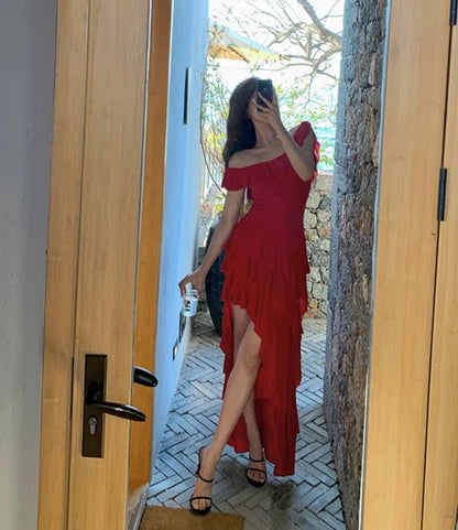 Elegant Red Prom Dress Aesthetic Ruffled Wedding Guest Dresses