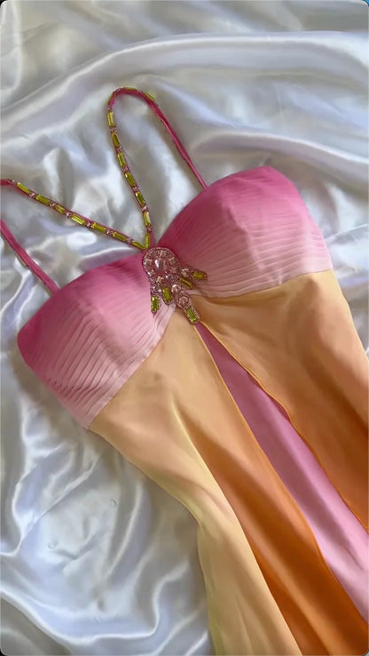 Pink Orange Elegant Fantasy Long Chiffon Ball Gown Evening Dress Party Dress Fairy Tale Dress gh3178