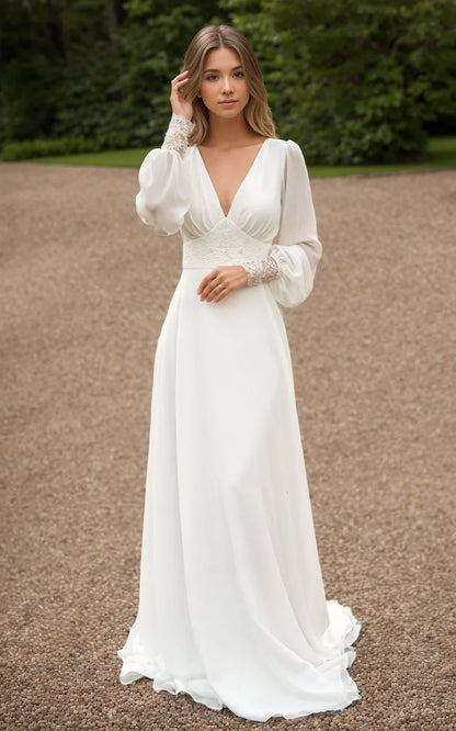 Jolanda | A-Line Floor Chiffon Long Sleeve Wedding Dress with Sequins and Train