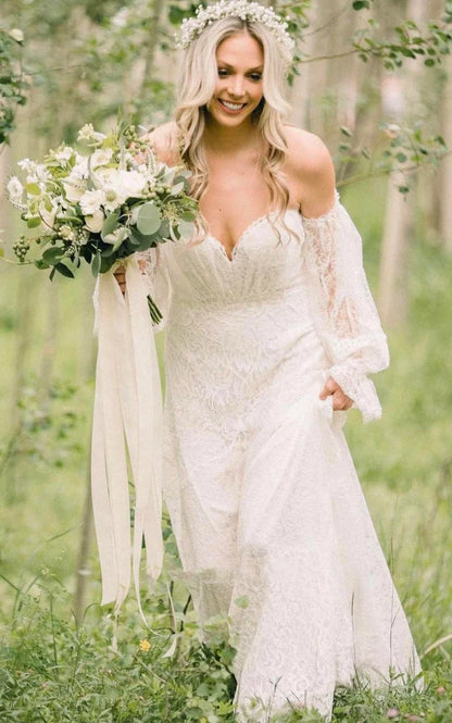Ethereal Off-the-shoulder A Line Lace Court Train Open Back Wedding Dress with Ruching
