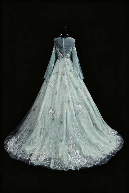 girlhomeshops-Green Appliqué Delicate Long Tulle Formal Ball Gown gh6287