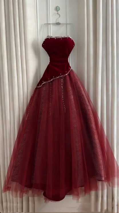 Sleeveless Burgundy Velvet & Tulle Gown | Luxury Elegant Pearl Trim Train Dress for Gala Ball gh6471