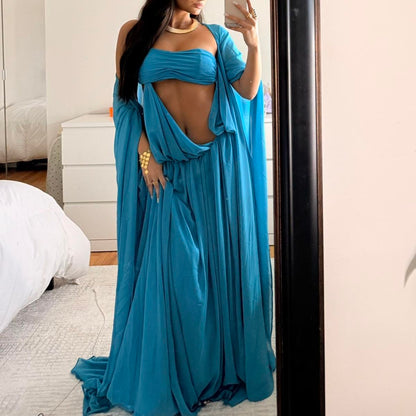 Glam Turquoise Cutout Maxi Dress | Strapless Wide-Sleeve Flowy Dress, Vacation Dress gh6456