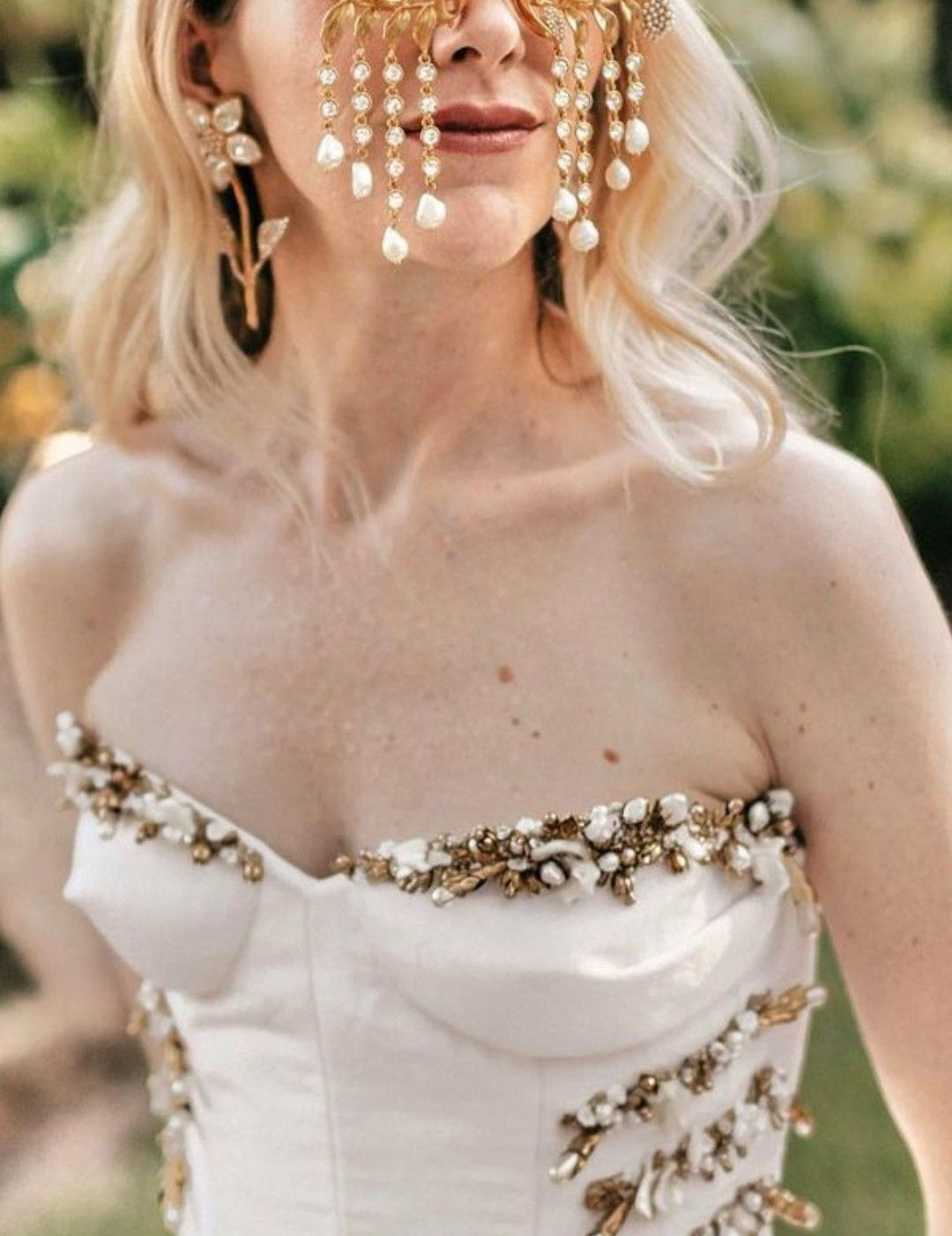 Girlhomeshops-Ivory and Gold Beaded Long Layered Floor-Length Wedding Dress with Train gh5389