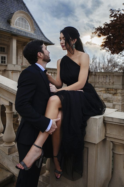Simple Black One Shoulder Tulle Party Dress Prom Dress cc1665