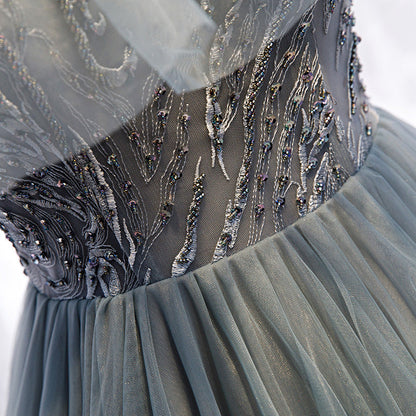 Gray tulle long ball gown dress evening dress  8317