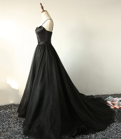 Black tulle long A line prom dress black evening dress  8803
