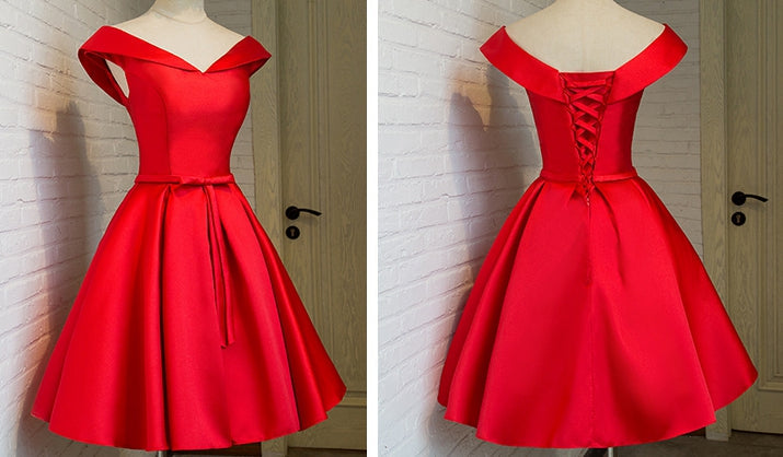 Cute off shoulder satin short prom dress,homecoming dresses  7644