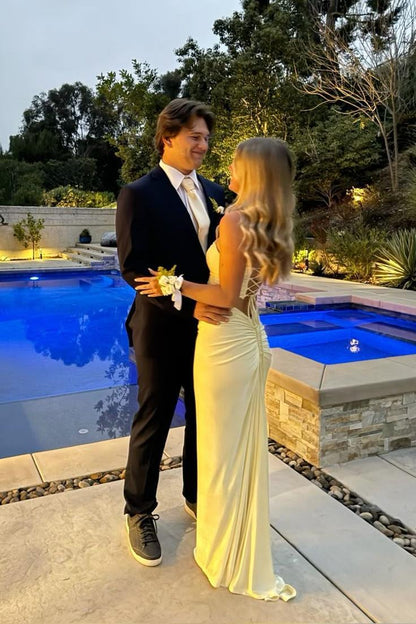 Fancy Yellow Strapless Long Prom Dress Fitted Party Dresses