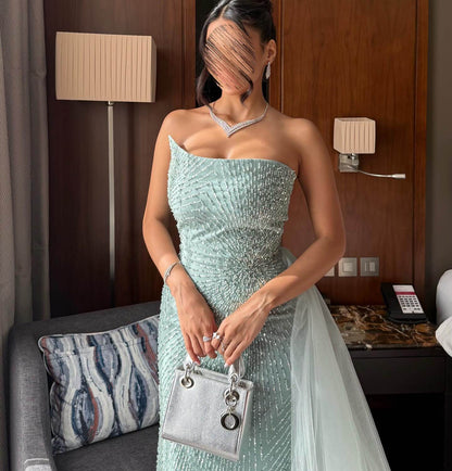 Best Strapless Prom Dress with Slit Long Green Wedding Guest Gown