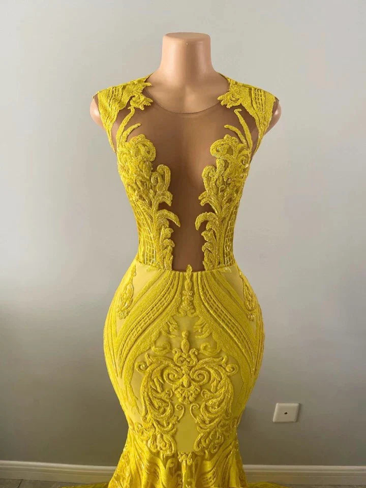 Yellow prom dresses, sheer prom dress, lace evening dress, vintage prom dresses, custom make prom dress C1465