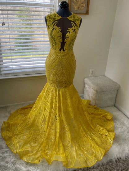 Yellow prom dresses, sheer prom dress, lace evening dress, vintage prom dresses, custom make prom dress C1465
